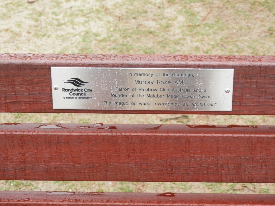 The plaque and seat dedicated to Murray Rose