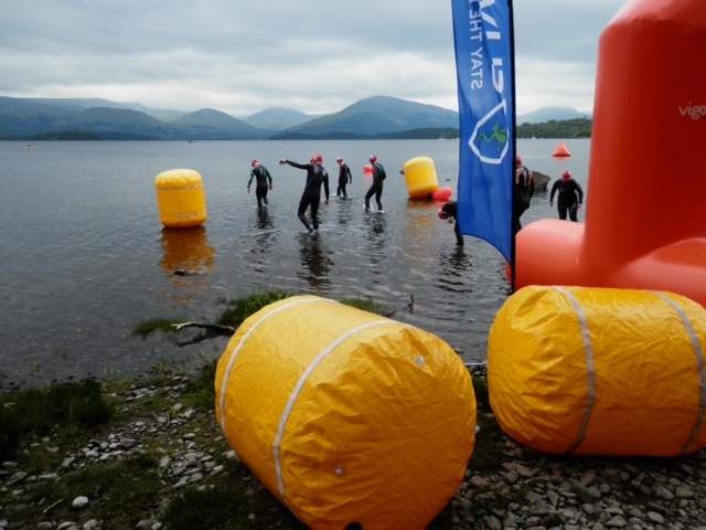 Swimmers in the 3km event entering the water