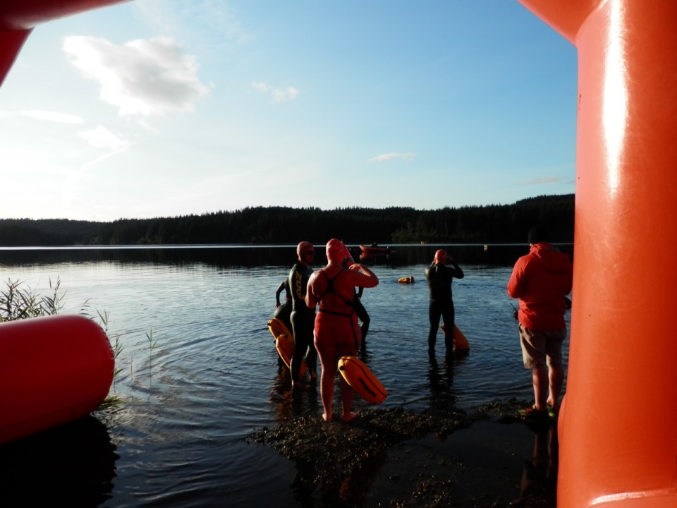 Eager swimmers entering the cool water for the start of the 10km race