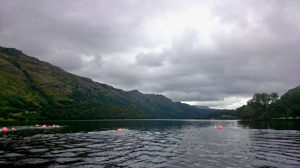 The start of our swim near Ardlui on a still cloudy morning